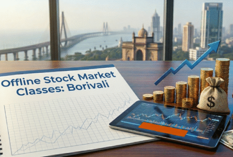 In-person offline stock market classes in Borivali, Mumbai, featured with profit graphs and the Bandra-Worli Sea Link skyline.