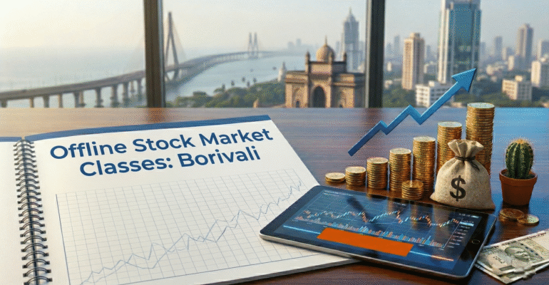In-person offline stock market classes in Borivali, Mumbai, featured with profit graphs and the Bandra-Worli Sea Link skyline.