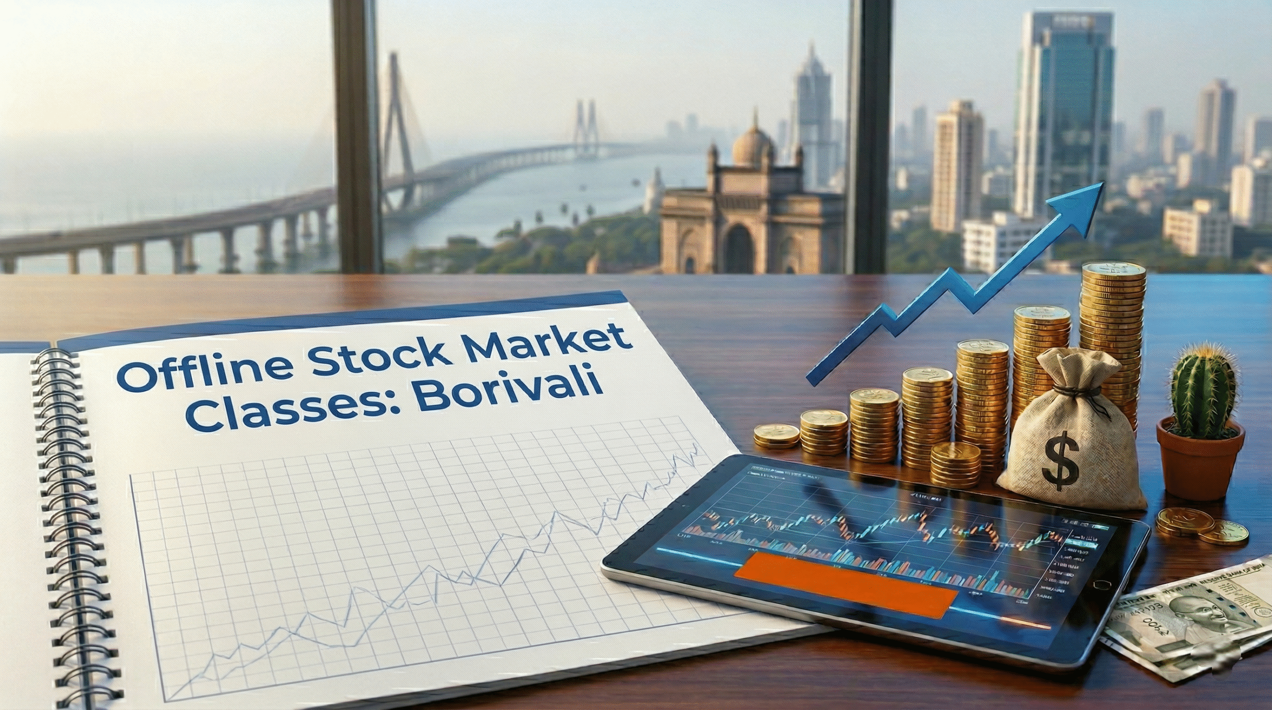 In-person offline stock market classes in Borivali, Mumbai, featured with profit graphs and the Bandra-Worli Sea Link skyline.